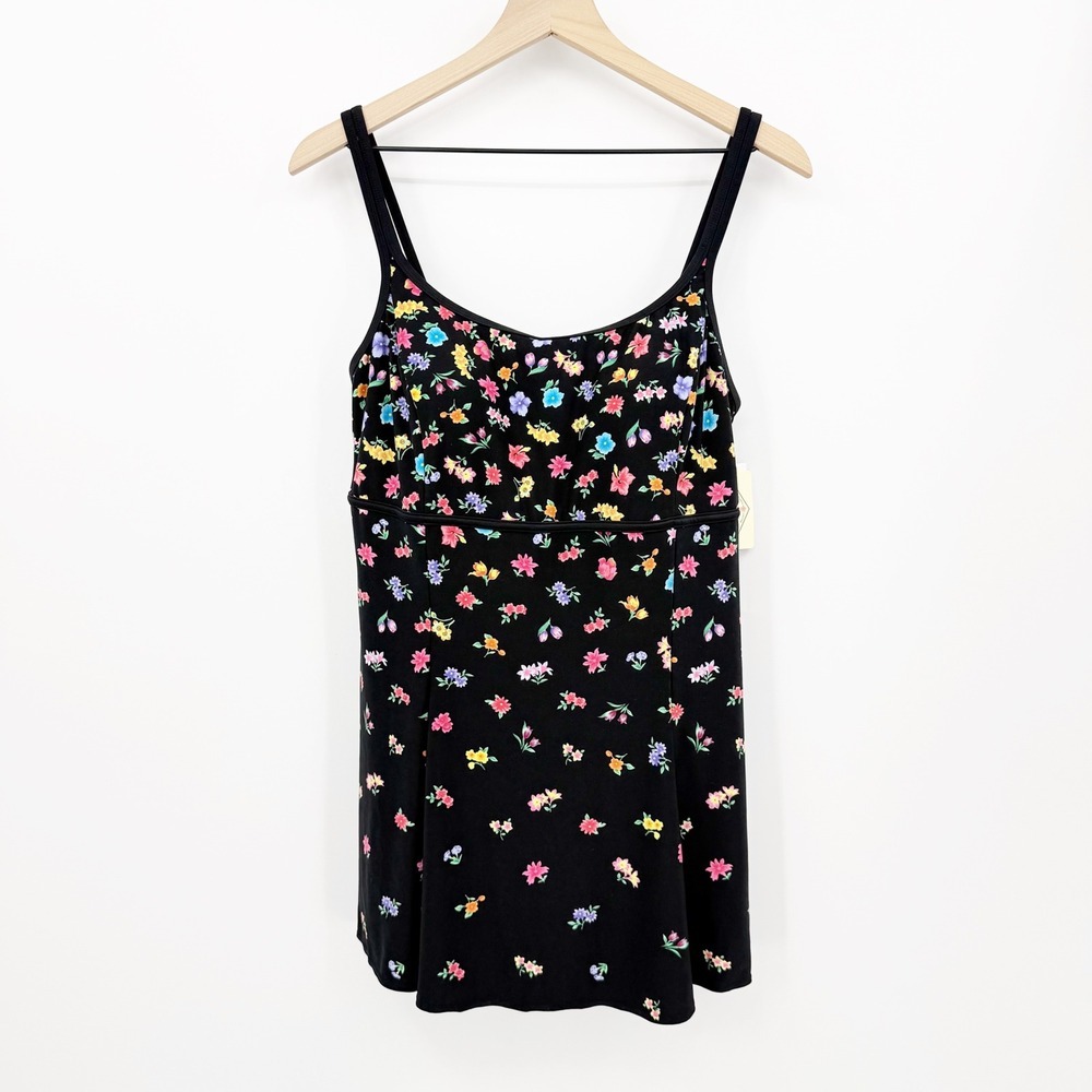St Johns Bay Secretly Slender Black Floral Swim Dress 16 One Piece Tummy Control